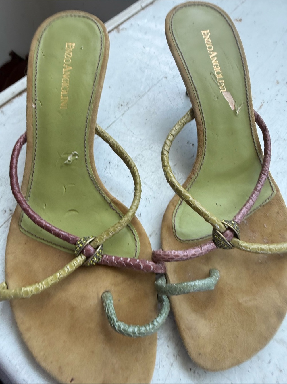 Enzo Angiolini Green and Pink Leather Strappy Mules
